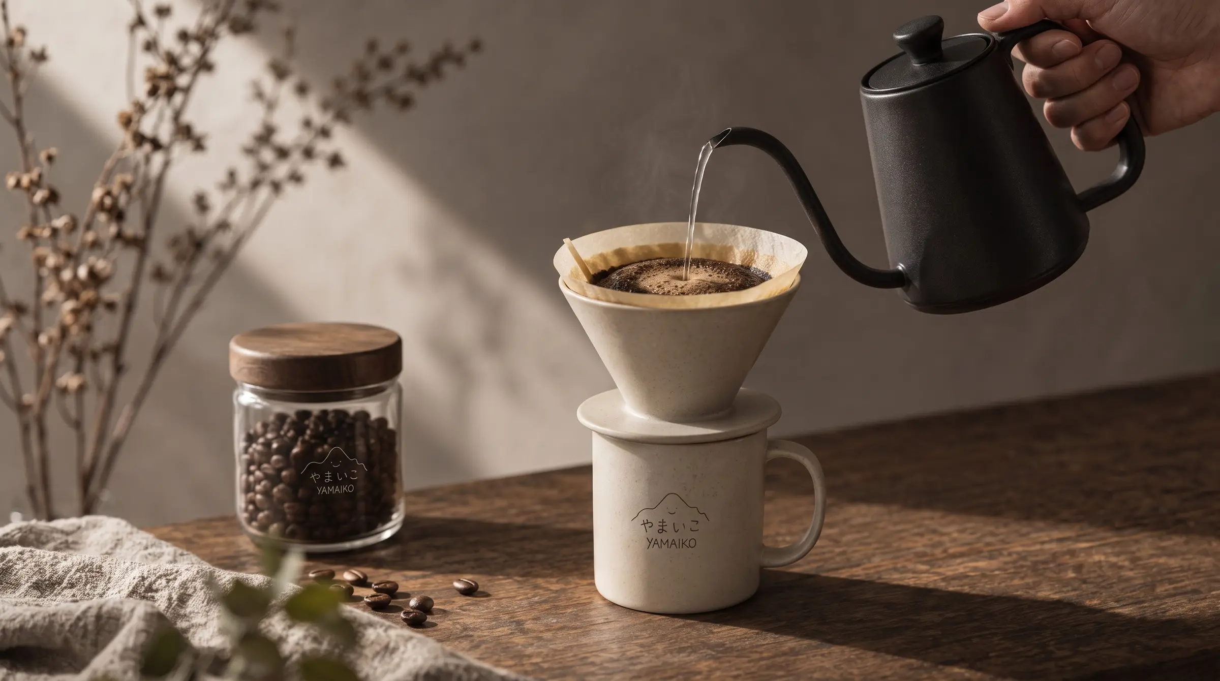 Pour-over coffee being prepared in warm morning light